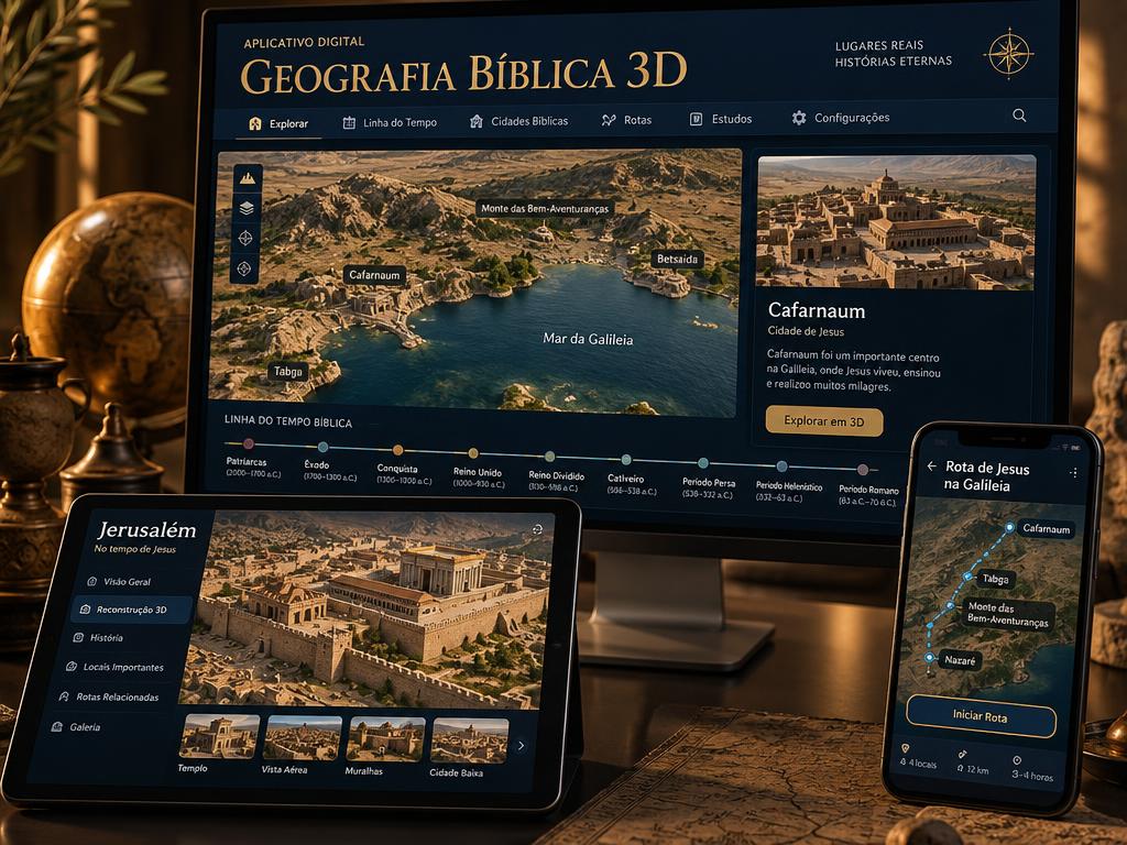 Aplicativo Geografia Bíblica 3D aberto em computador, tablet e celular