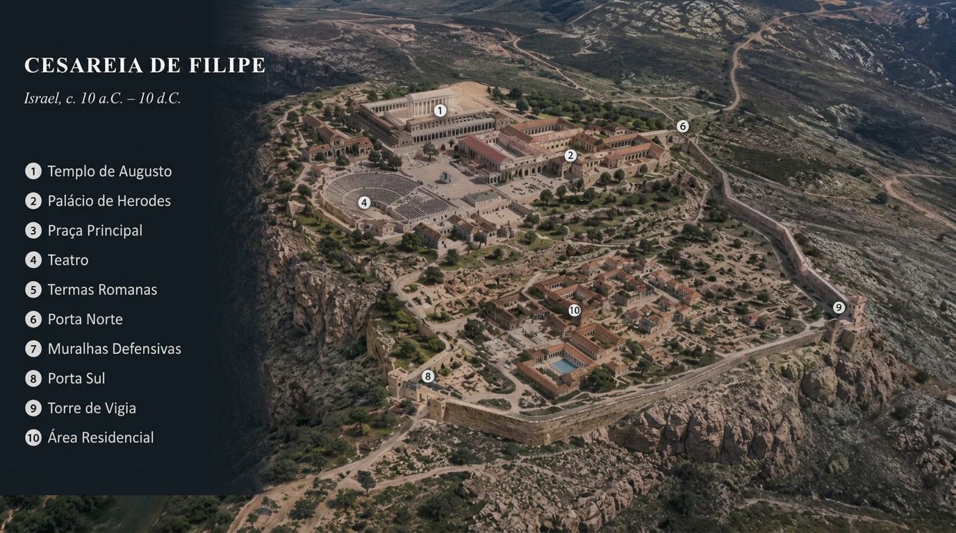 Cesareia de Filipe em reconstrução 3D, com relevo do terreno e localização das aldeias